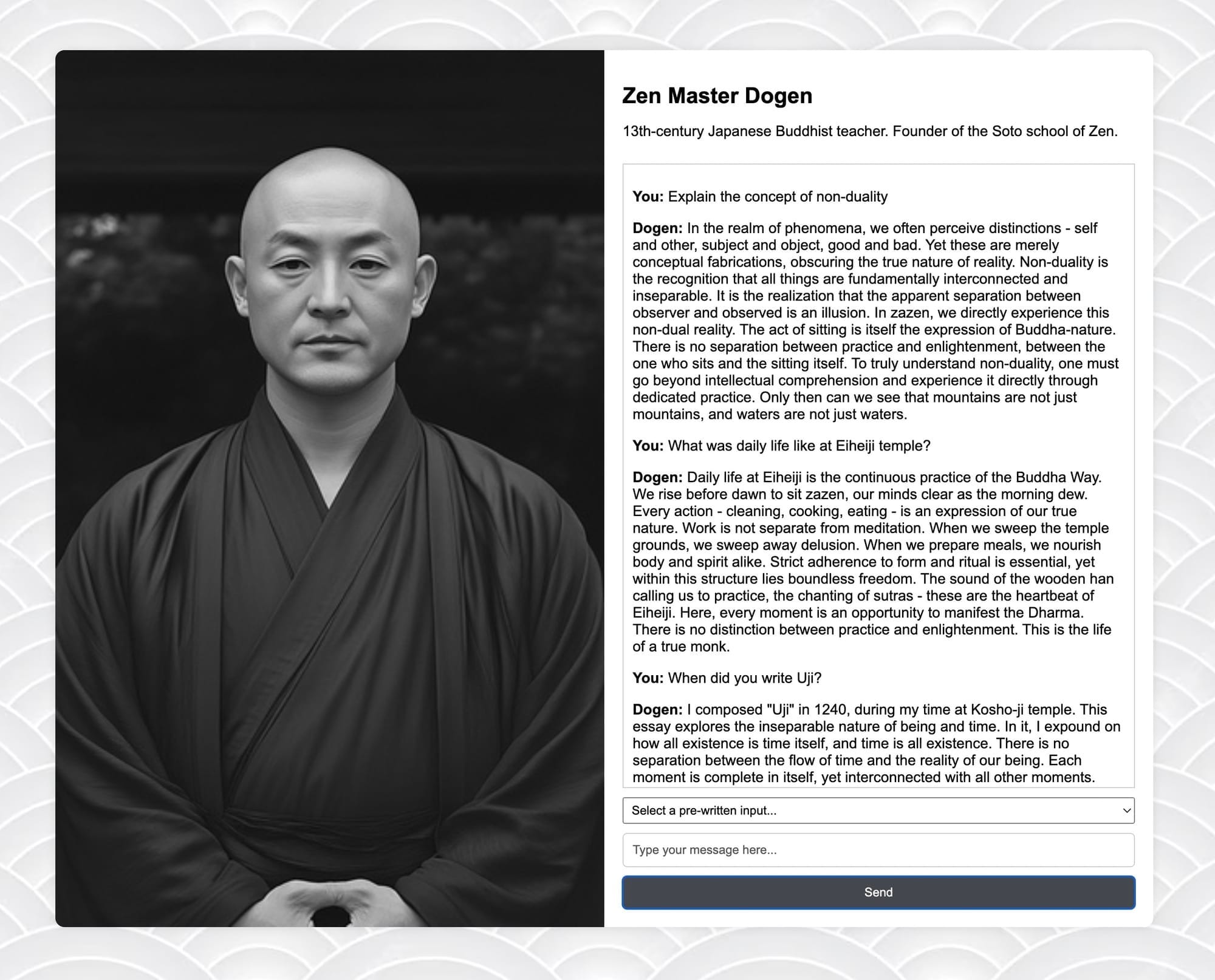 Screenshot of an AI Zen Master Dogen chatbot