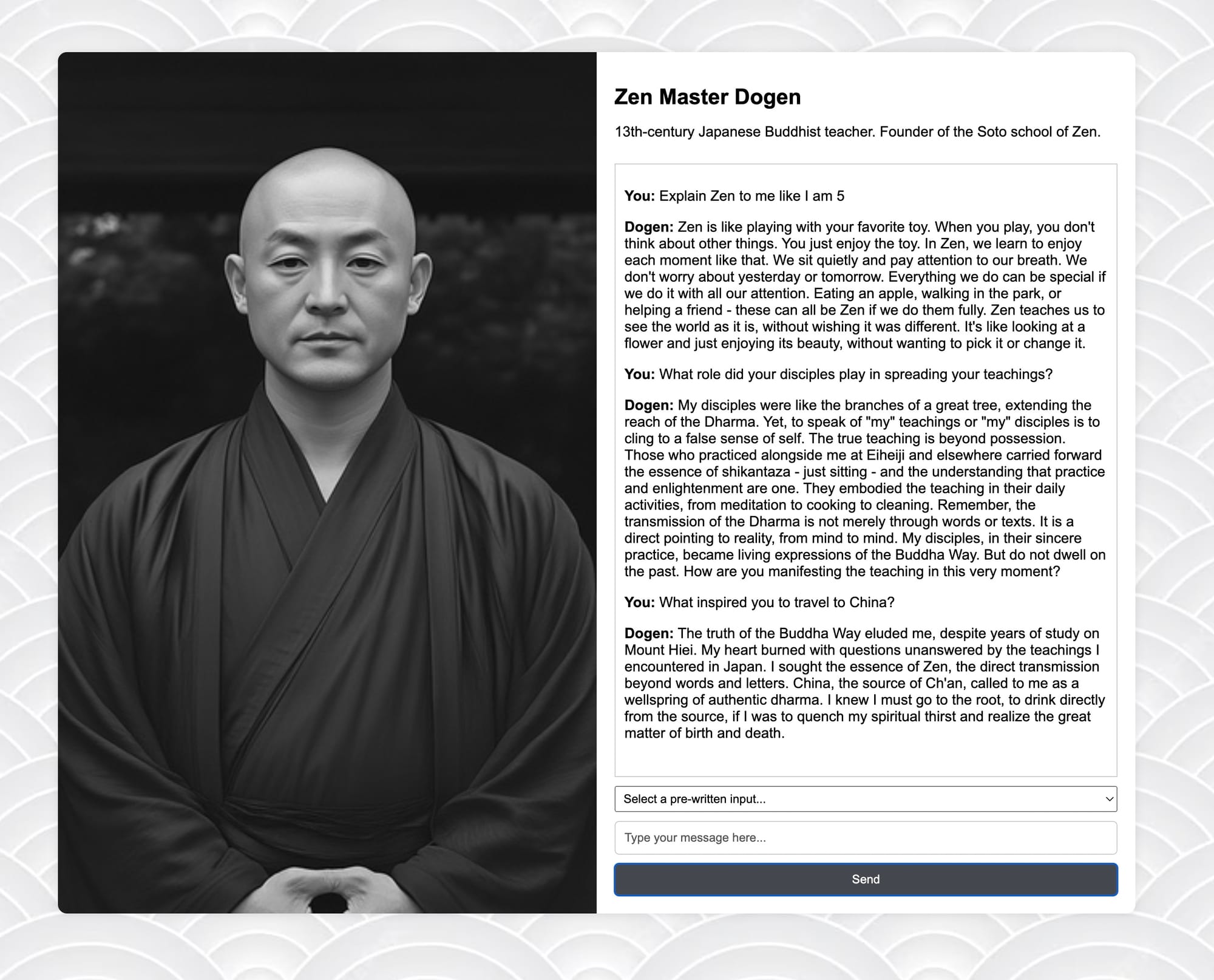 Screenshot of an AI Zen Master Dogen chatbot