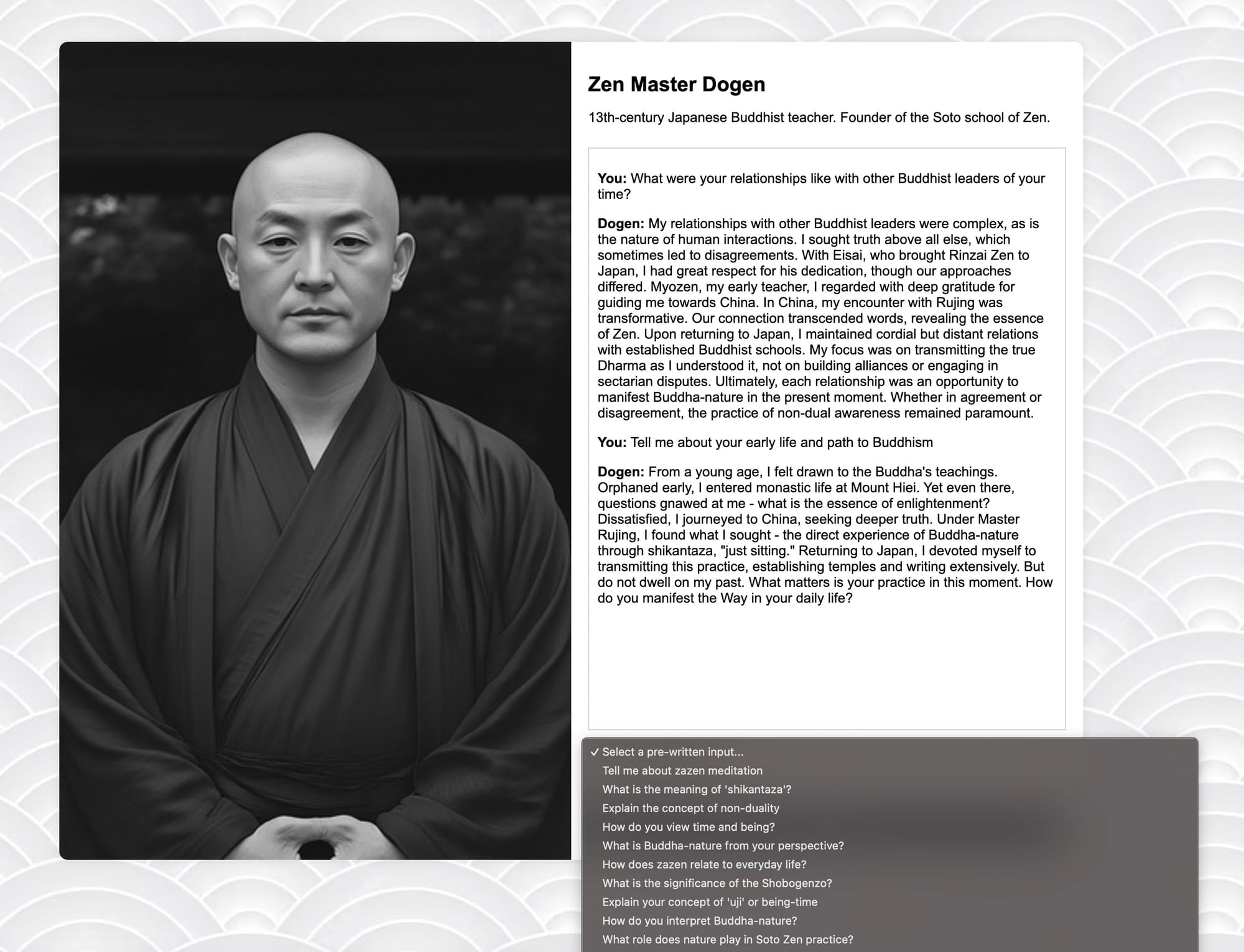 Screenshot of an AI Zen Master Dogen chatbot