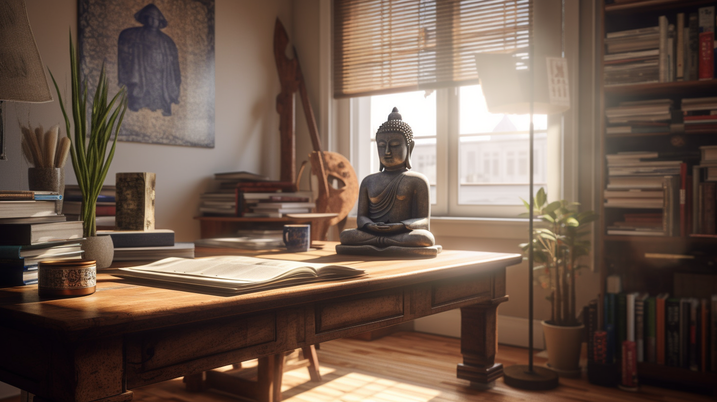 A buddha sits on a desk bathed in sunlight from a nearby window