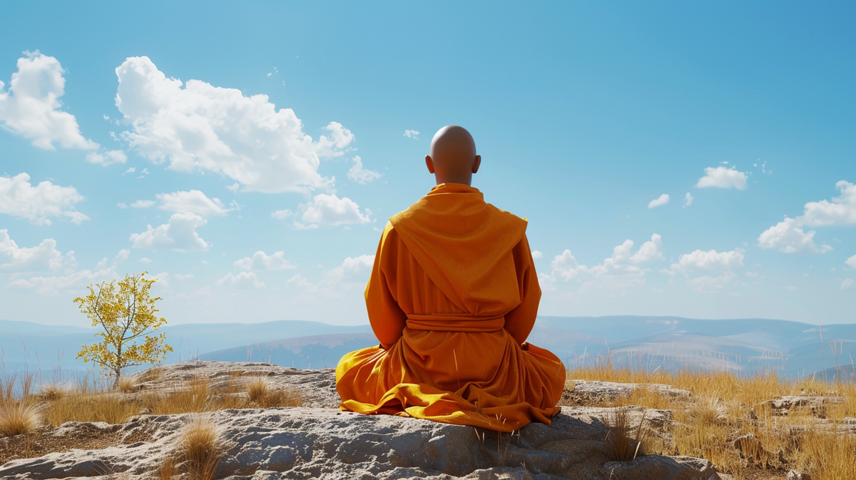 A Zen monk meditating under a blue sky