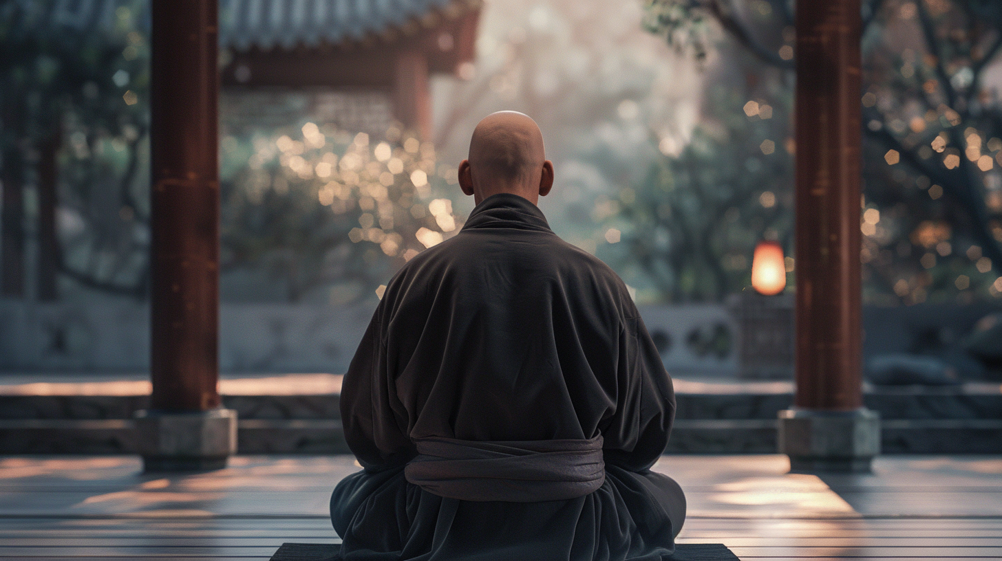 Zen monk sitting on a temple porch