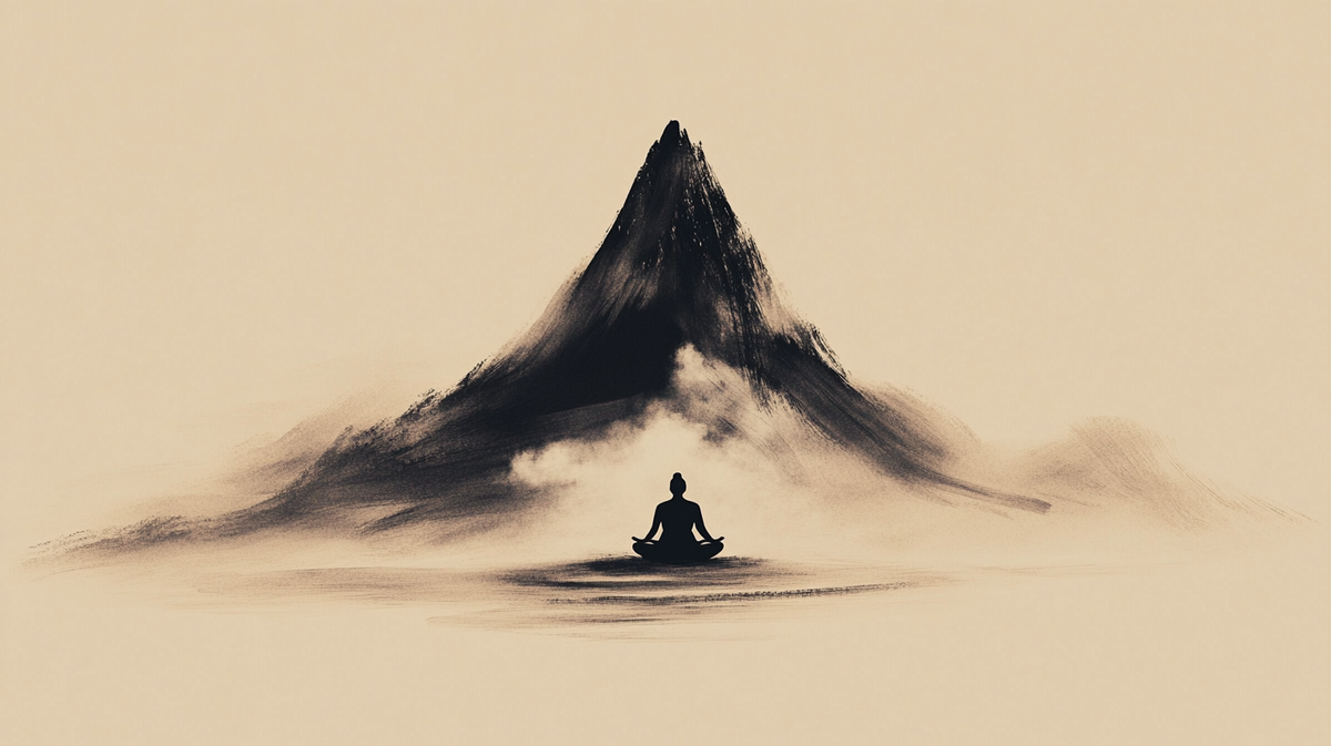 Black and white painting of a meditating figure in front of a mountain