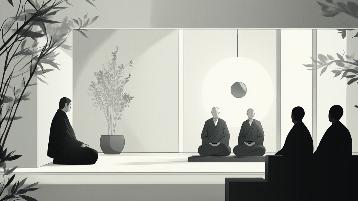 B&W illustration of people sitting in Zen mediation