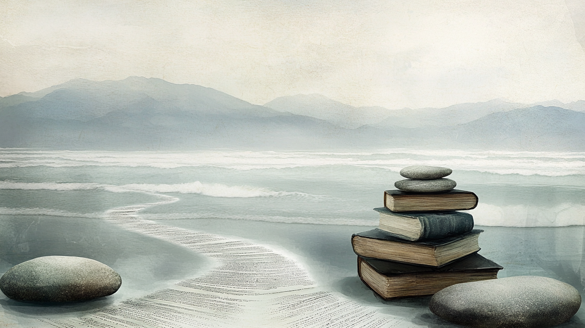 Watercolor of a path and books stacked with stones