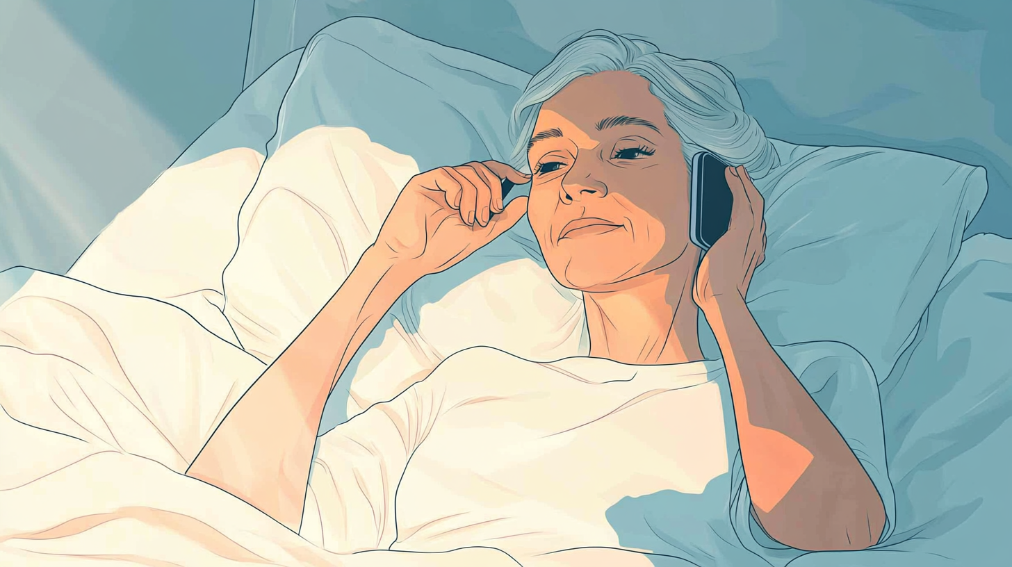 An elderly woman in bed, on the phone