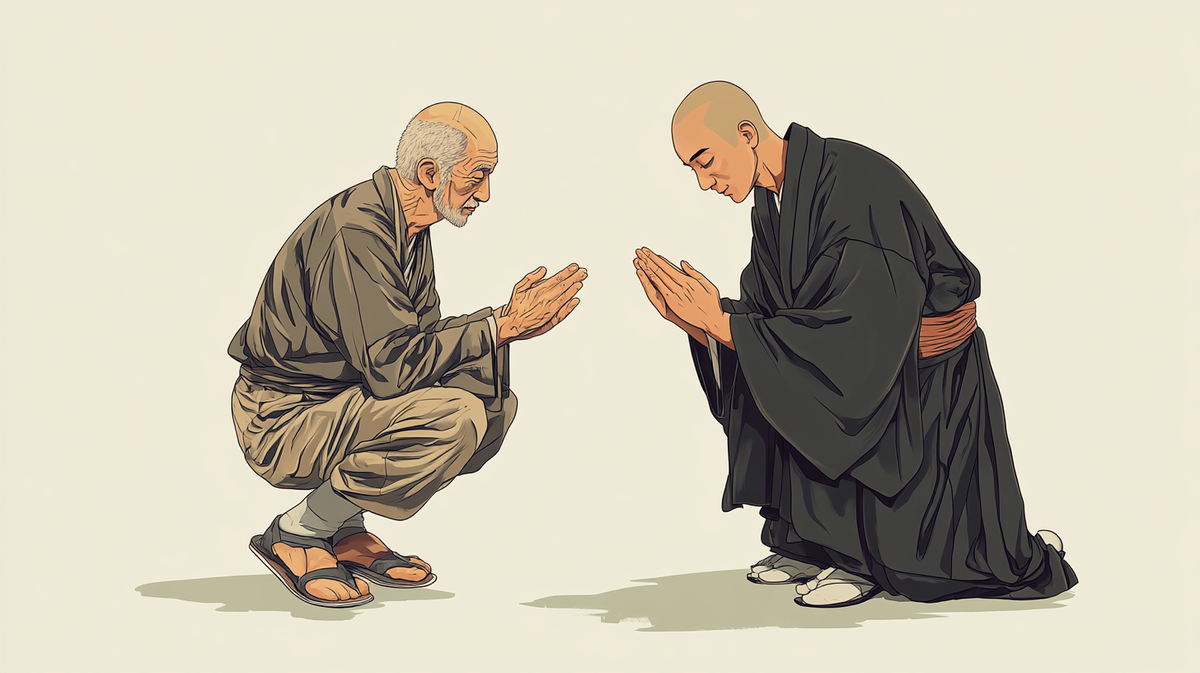 A man in casual clothing and a monk in robes bow to each other